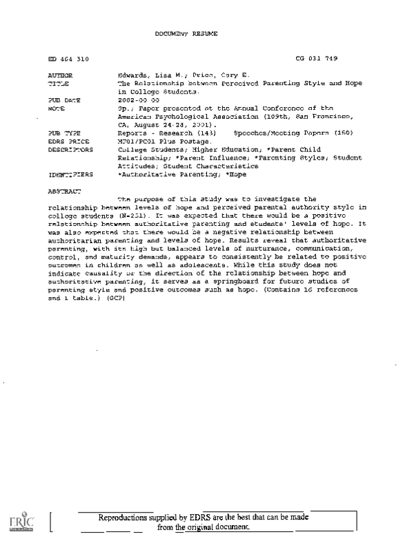 (PDF) The Relationship between Perceived Parenting Style and Hope in ...