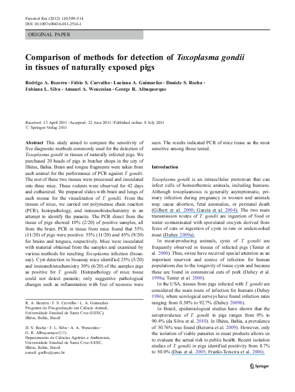 (PDF) Comparison of methods for detection of Toxoplasma gondii in ...
