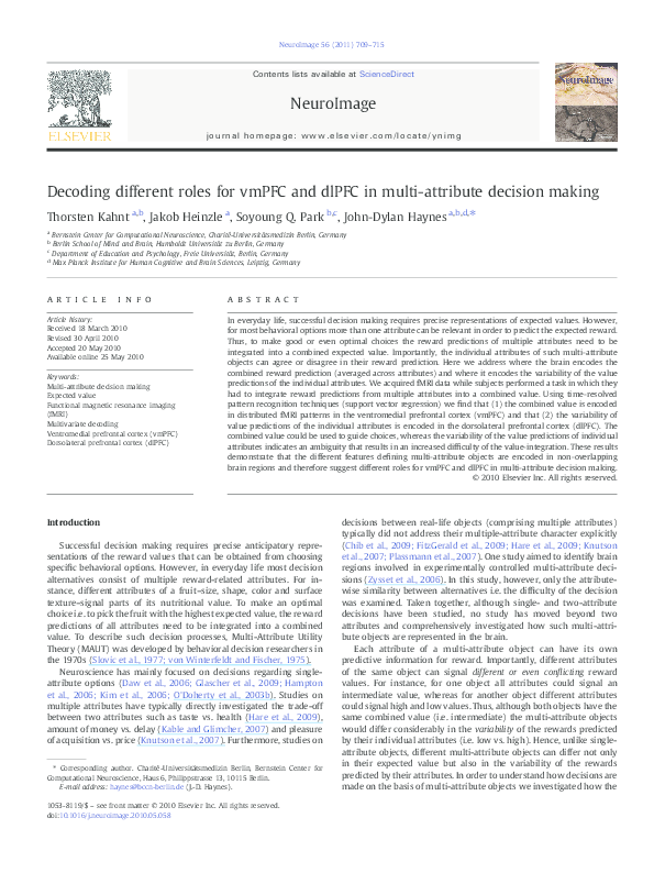 (PDF) Decoding different roles for vmPFC and dlPFC in multi-attribute ...