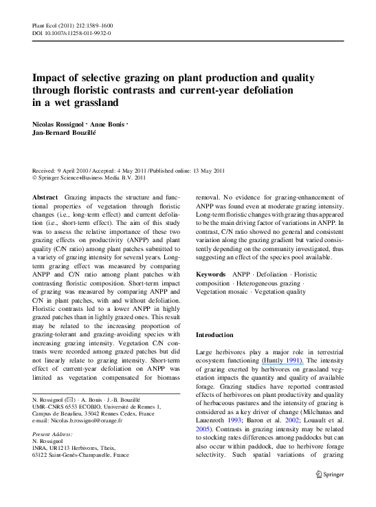 (PDF) Impact of selective grazing on plant production and quality ...