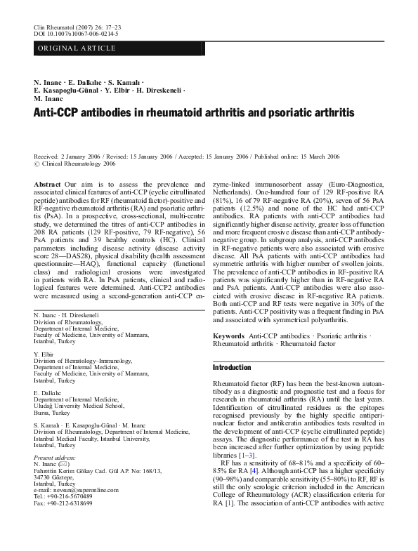 (PDF) AntiCCP antibodies in rheumatoid arthritis and psoriatic