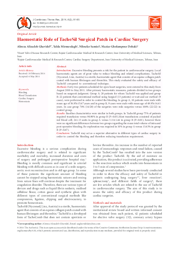 (PDF) Haemostatic Role of TachoSil Surgical Patch in Cardiac Surgery