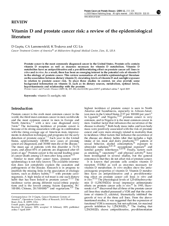 (PDF) Vitamin D and prostate cancer risk a review of the
