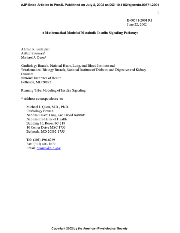 (PDF) A mathematical model of metabolic insulin signaling pathways