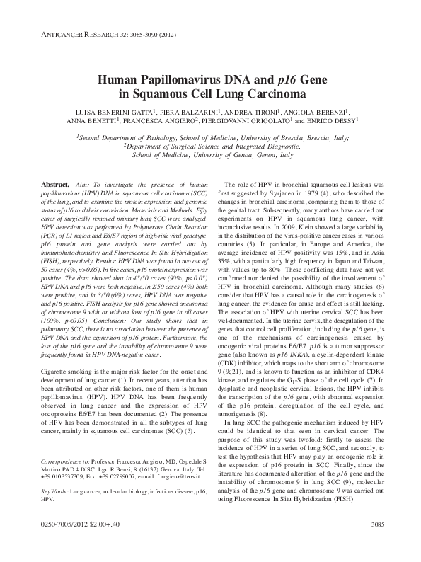 (PDF) Human papillomavirus DNA and p16 gene in squamous cell lung carcinoma