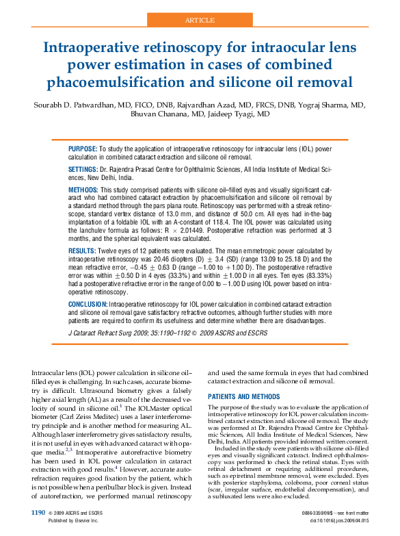 (PDF) Intraoperative retinoscopy for intraocular lens power estimation
