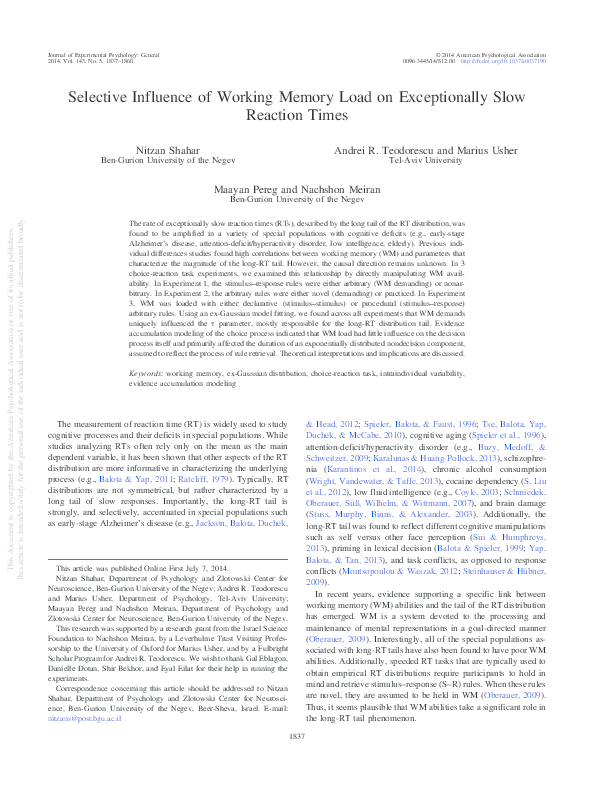 (PDF) Selective influence of working memory load on exceptionally slow ...