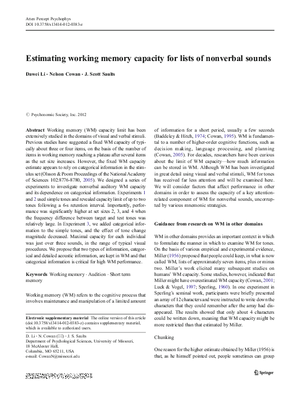 (PDF) Estimating working memory capacity for lists of nonverbal sounds