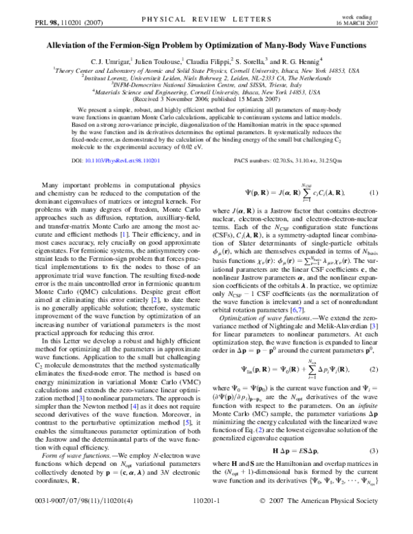 (PDF) Alleviation of the Fermion-Sign Problem by Optimization of Many ...