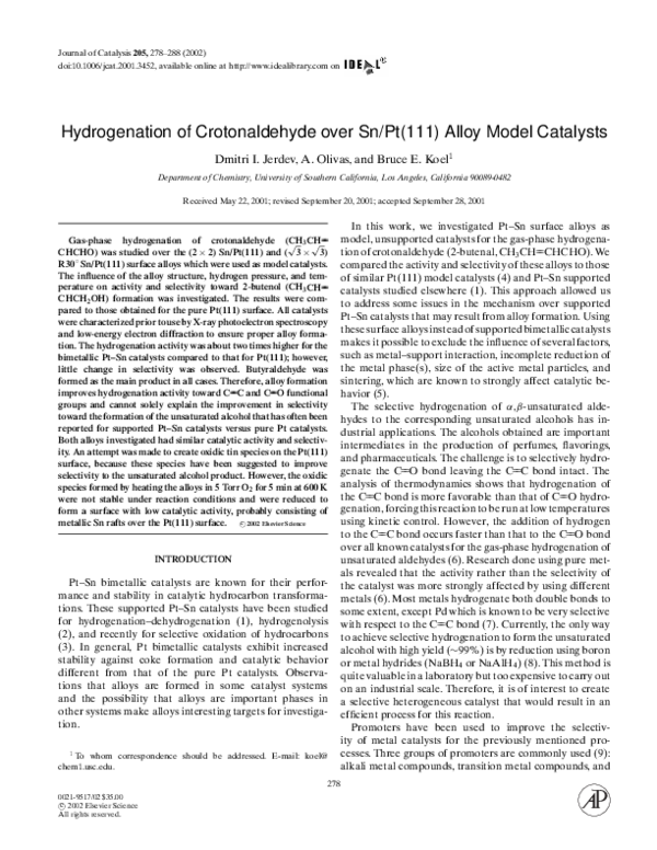 (PDF) Hydrogenation of Crotonaldehyde over Sn/Pt(111) Alloy Model Catalysts