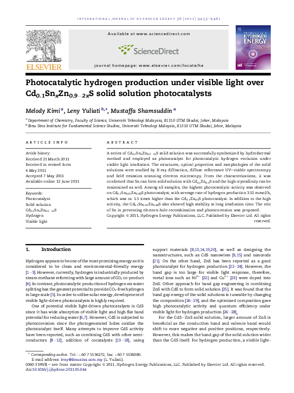 (PDF) Photocatalytic hydrogen production under visible light over Cd0 ...