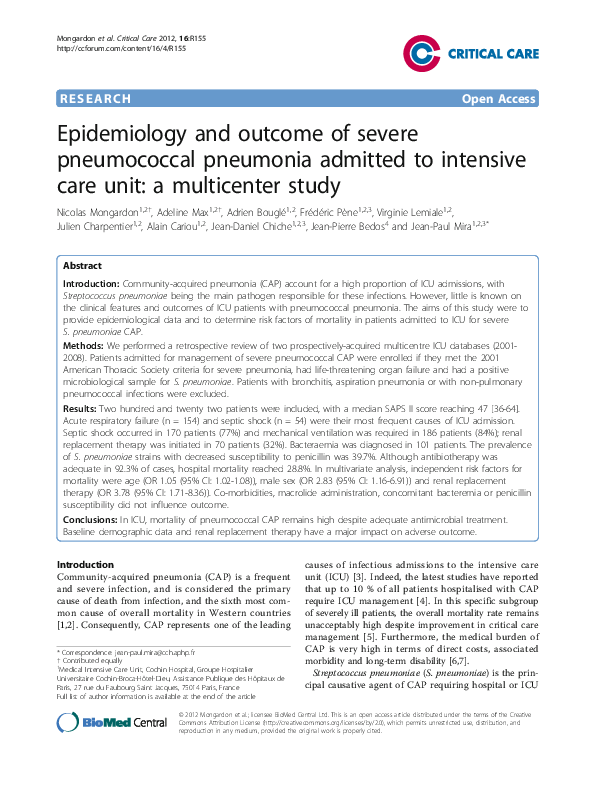 (PDF) Epidemiology and outcome of severe pneumococcal pneumonia ...