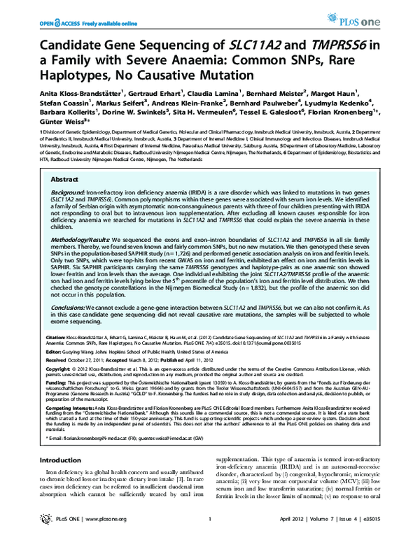 (PDF) Candidate Gene Sequencing of SLC11A2 and TMPRSS6 in a Family with ...