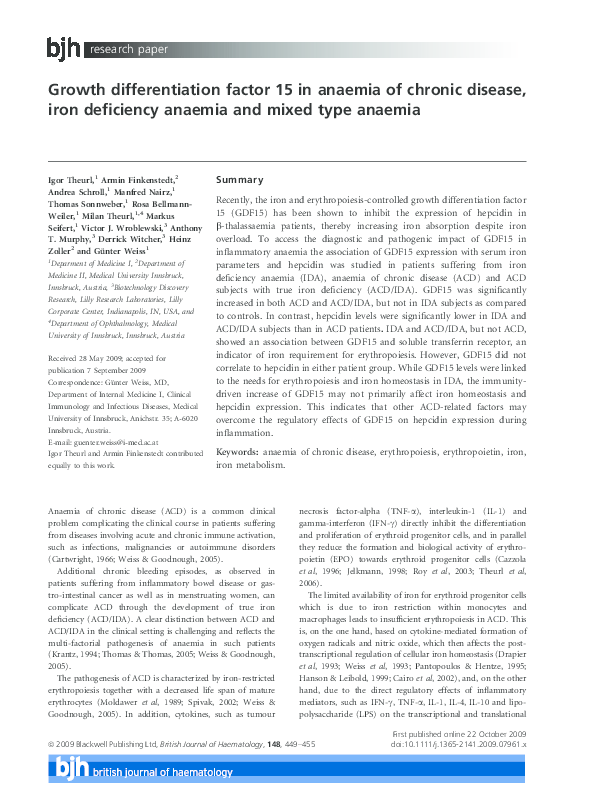(PDF) Growth differentiation factor 15 in anaemia of chronic disease
