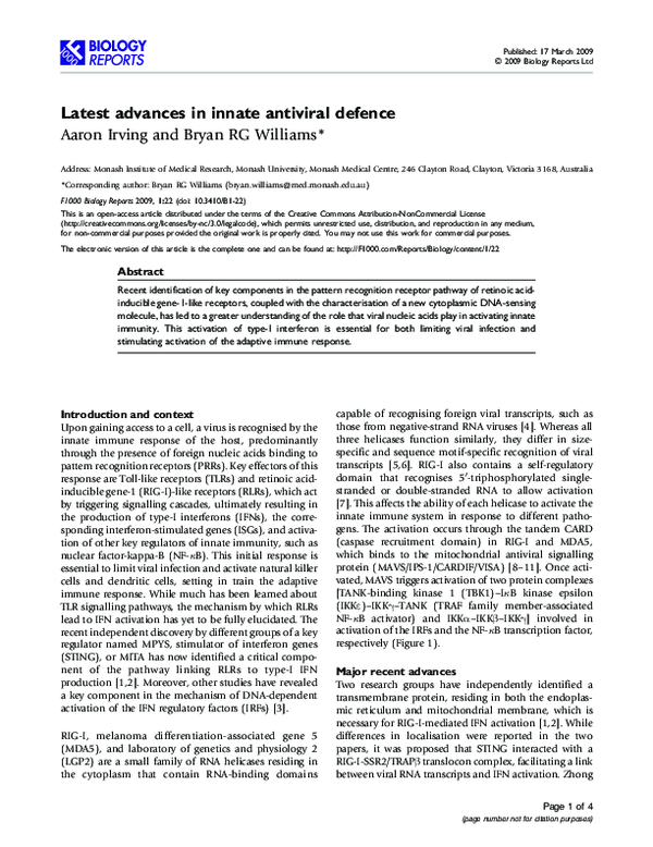 (PDF) Latest advances in innate antiviral defence