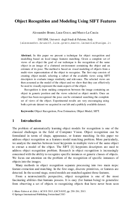 (PDF) Object Recognition and Modeling Using SIFT Features