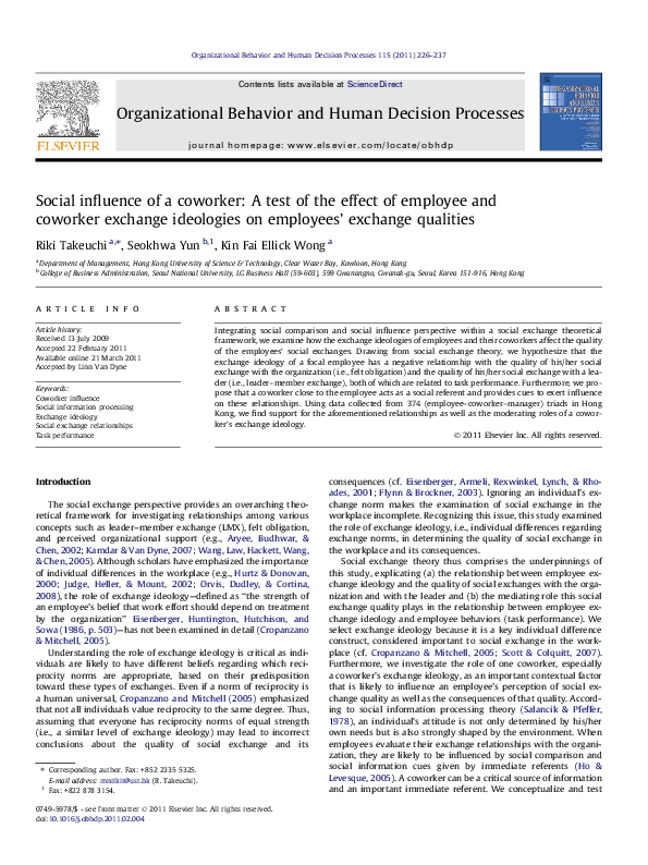 (PDF) Social influence of a coworker: A test of the effect of employee ...