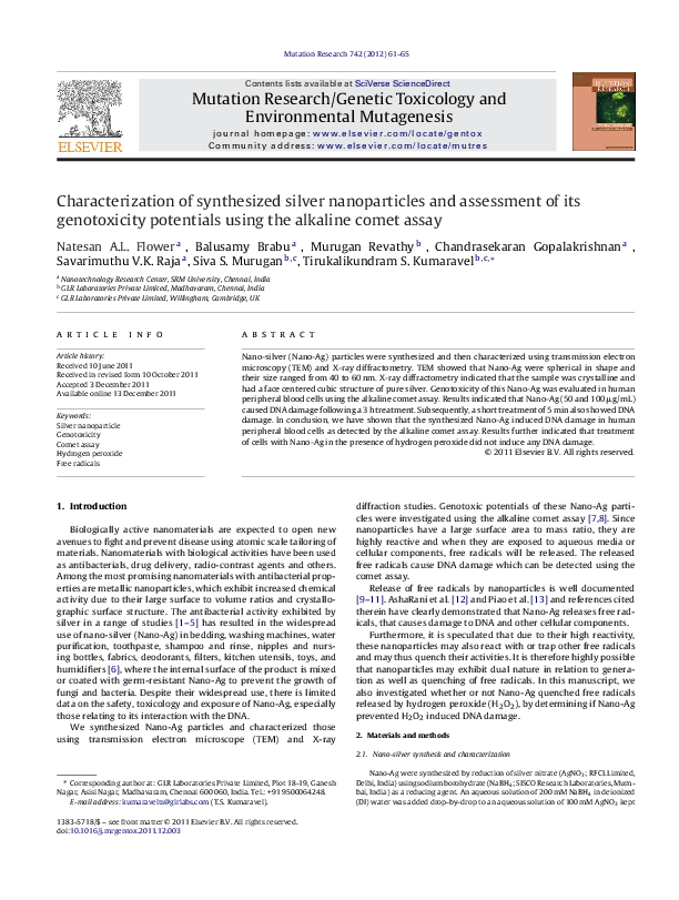 Pdf Characterization Of Synthesized Silver Nanoparticles And Assessment Of Its Genotoxicity Potentials Using The Alkaline Comet Assay Brabu Balusamy Academia Edu