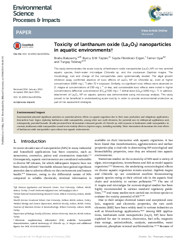 Pdf Toxicity Of Lanthanum Oxide La2o3 Nanoparticles In Aquatic Environment Brabu Balusamy Academia Edu
