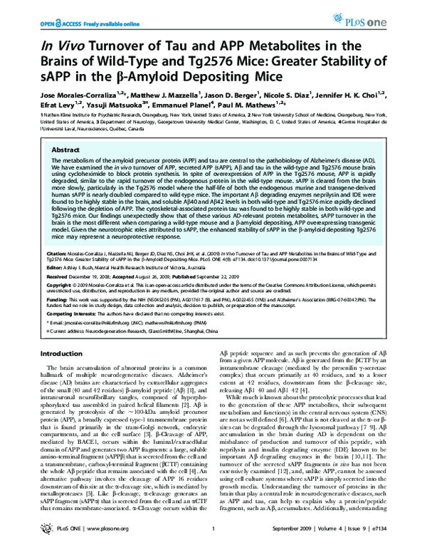 (PDF) In vivo turnover of tau and APP metabolites in the brains of wild ...