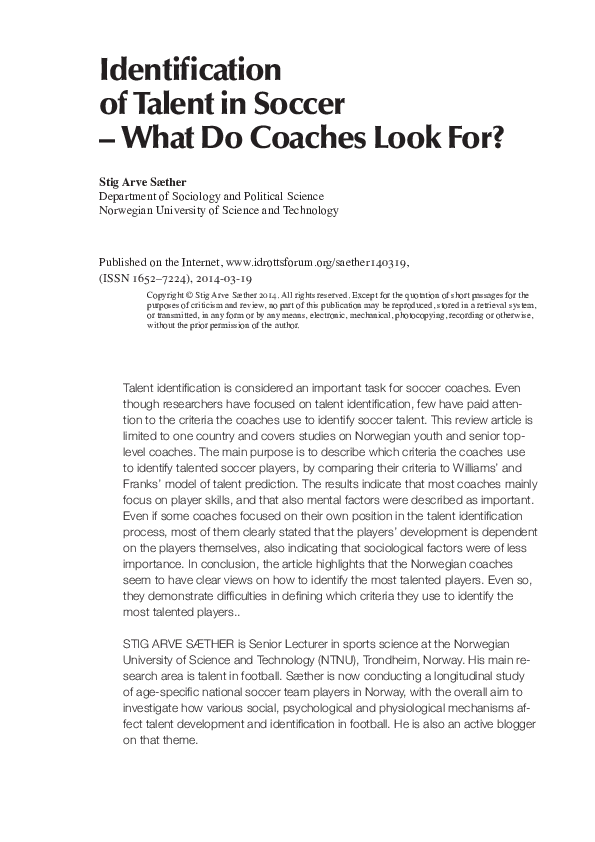 (PDF) Talent identification in Soccer. What do Coaches Look for?