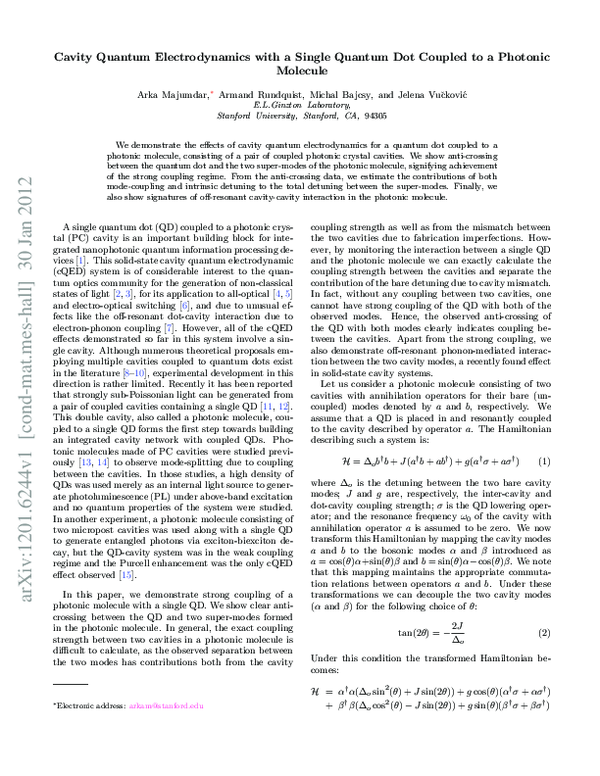(PDF) Cavity quantum electrodynamics with a single quantum dot coupled ...