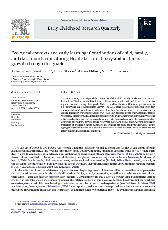 (PDF) Ecological contexts and early learning: Contributions of child ...