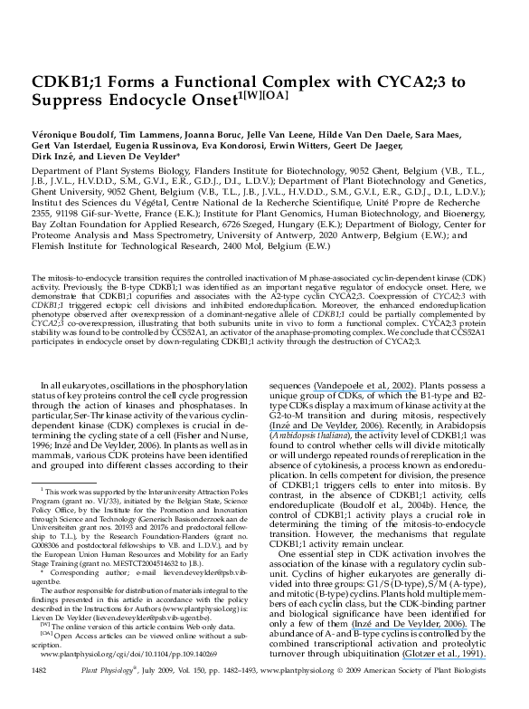 (PDF) CDKB1;1 Forms a Functional Complex with CYCA2;3 to Suppress ...