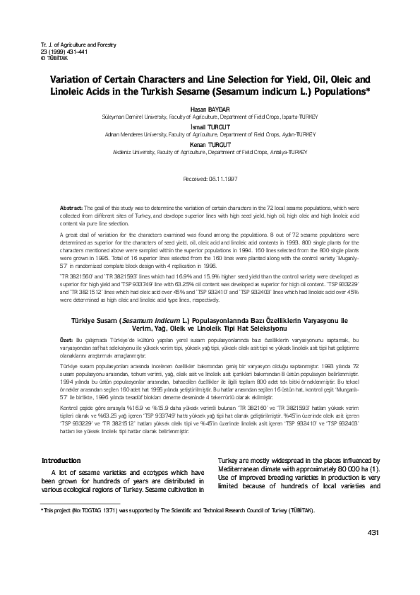 (PDF) Variation of Certain Characters and Line Selection for Yield, Oil