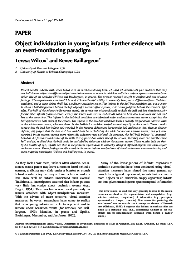 (PDF) Object individuation in young infants: Further evidence with an ...