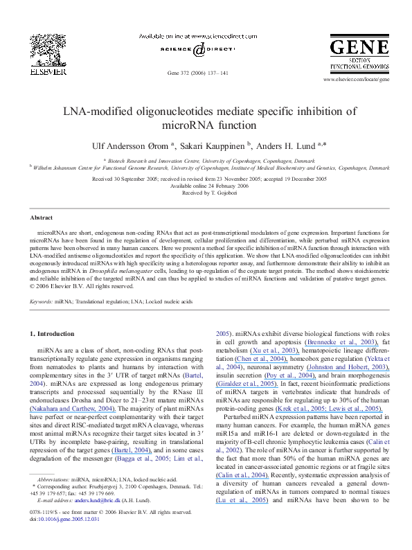 (PDF) LNA-modified oligonucleotides mediate specific inhibition of ...