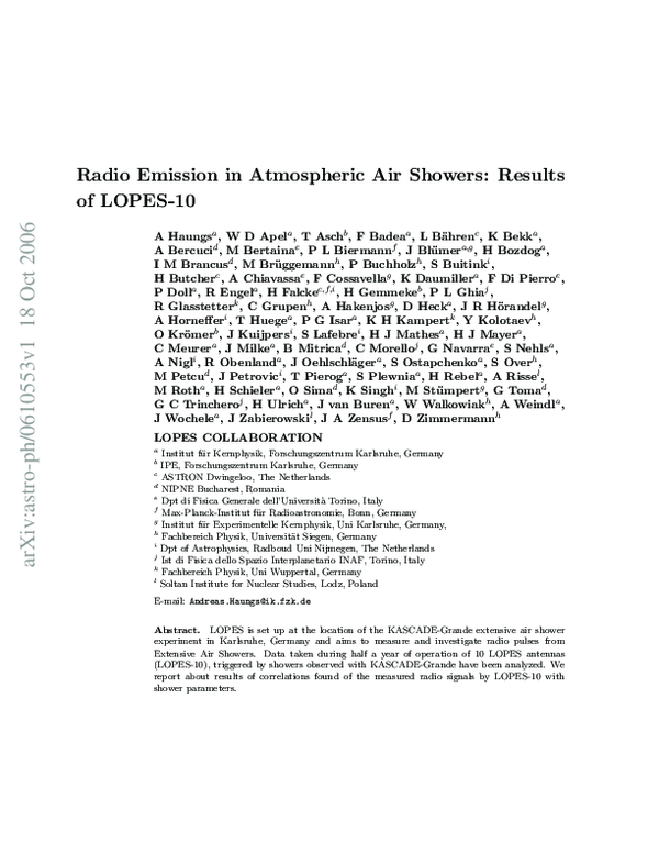 (PDF) Radio Emission in Atmospheric Air Showers Results of LOPES10 T. Pierog and J. Wochele