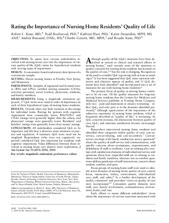 (PDF) Rating the Importance of Nursing Home Residents' Quality of Life