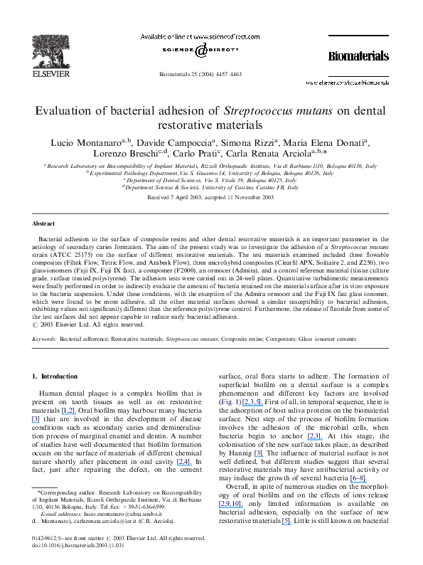 (PDF) Evaluation of bacterial adhesion of Streptococcus mutans on ...