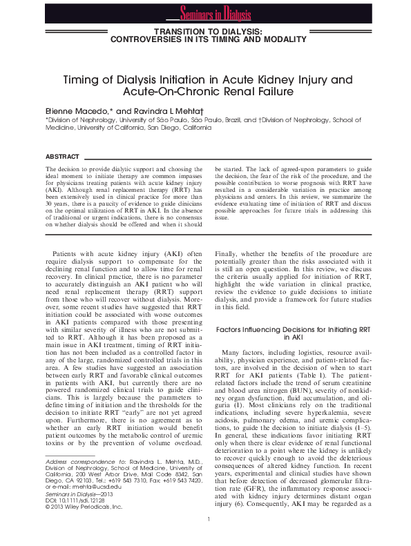 (PDF) Timing of dialysis initiation in acute kidney injury and acute-on ...