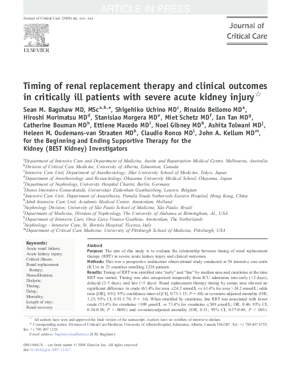 (PDF) Timing of renal replacement therapy and clinical outcomes in ...