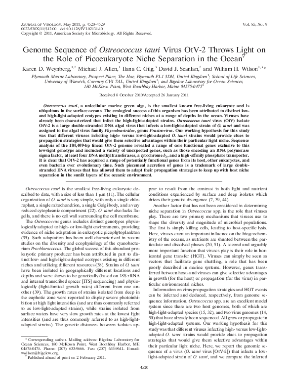 (PDF) Genome Sequence of Ostreococcus tauri Virus OtV-2 Throws Light on ...