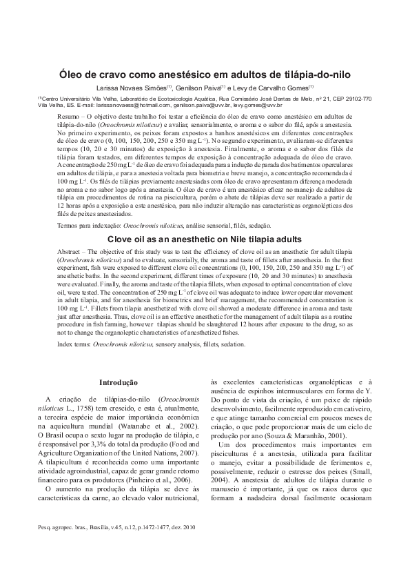 (PDF) Clove oil as an anesthetic on Nile tilapia adults Larissa