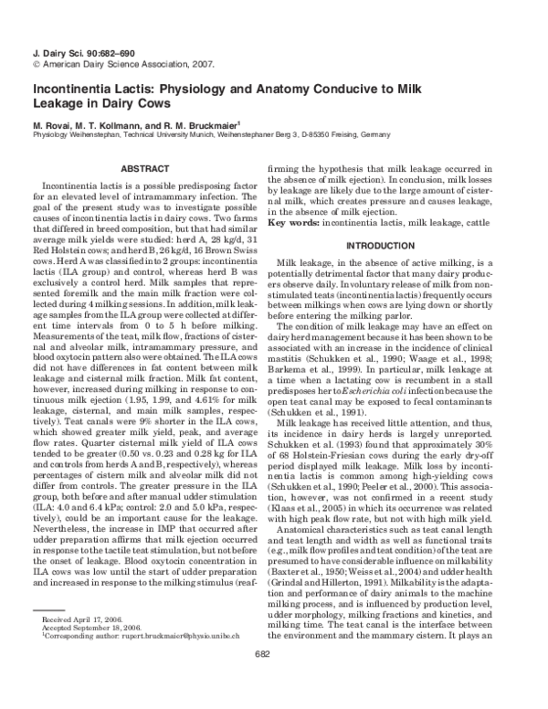 (PDF) Causes of Incontinentia Lactis and Milk Leakage in Dairy Cows