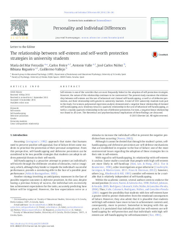 (PDF) The relationship between self-esteem and self-worth protection ...