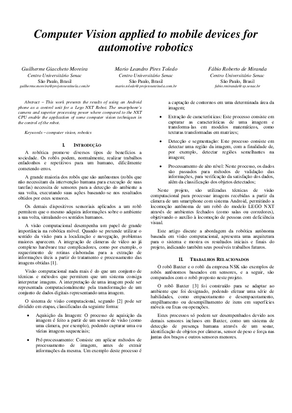 (PDF) Computer Vision applied to mobile devices for automotive robotics