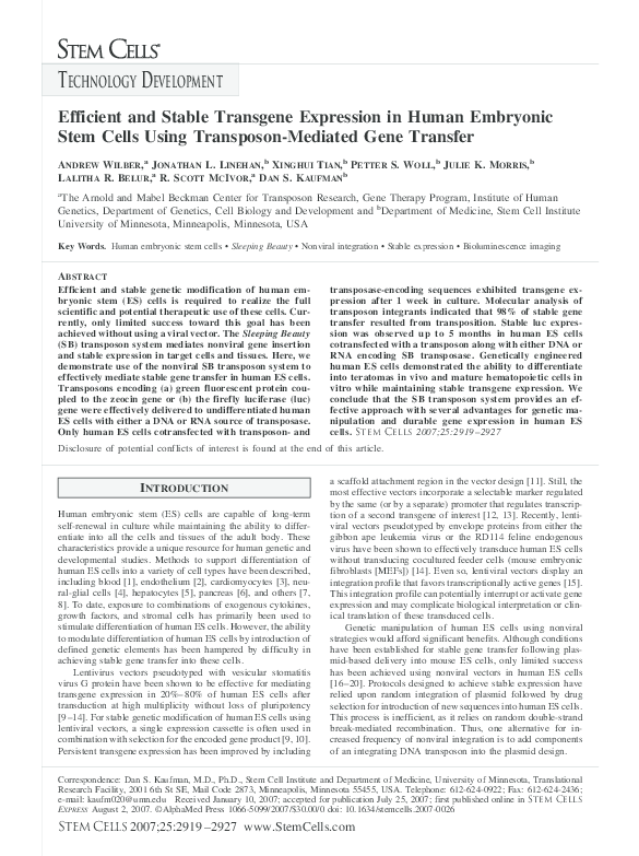 (PDF) Efficient and Stable Transgene Expression in Human Embryonic Stem ...