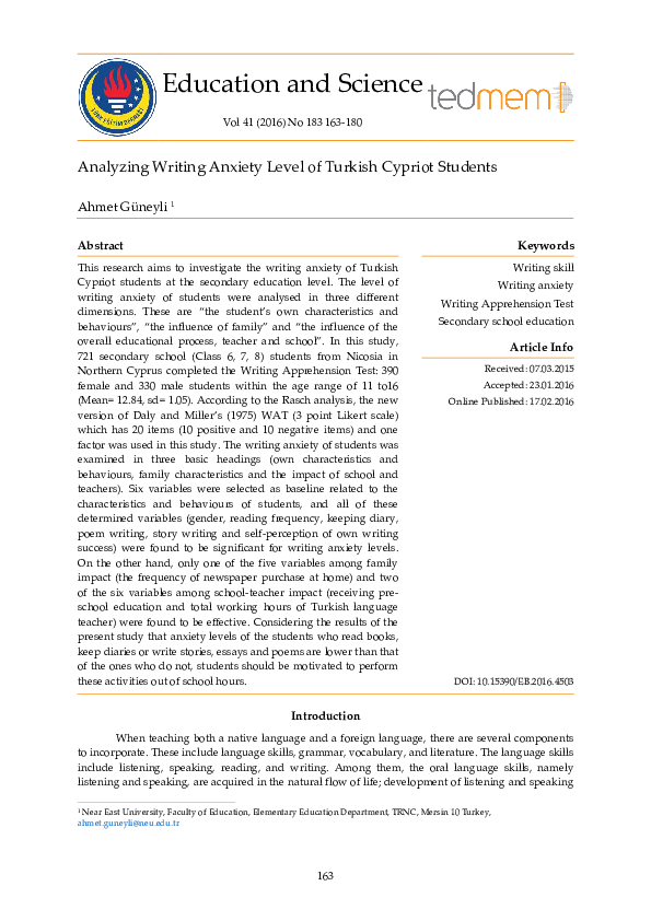 (PDF) ANALYZING WRITING ANXIETY LEVEL OF TURKISH CYPRIOT STUDENTS