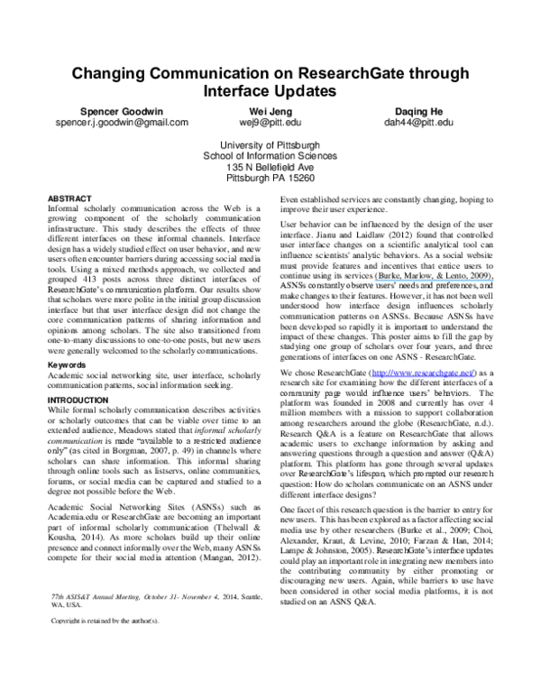 (PDF) Changing Communication on ResearchGate through Interface Updates