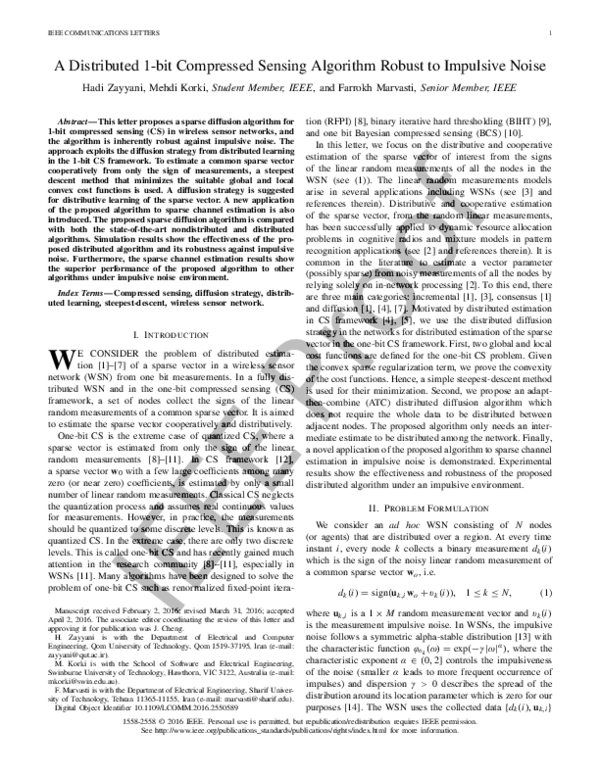 (PDF) A Distributed 1-bit Compressed Sensing Algorithm Robust to ...