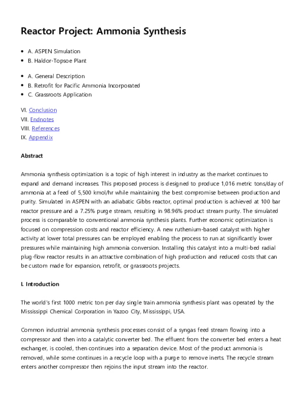 (PDF) Ammonia Synthesis Reactor Project
