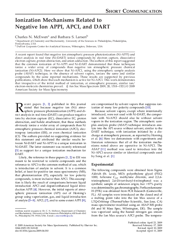 (PDF) Ionization mechanisms related to negative Ion APPI, APCI, and DART
