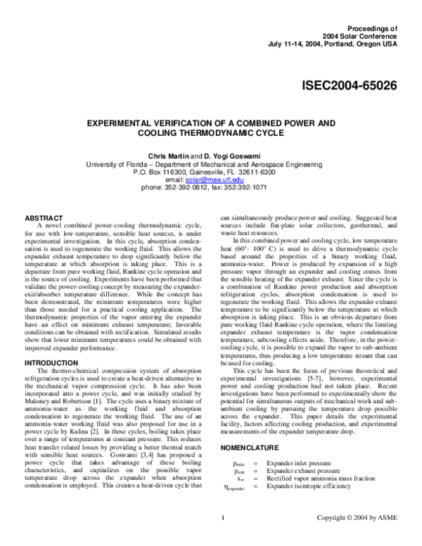 (PDF) EXPERIMENTAL VERIFICATION OF A COMBINED POWER AND COOLING ...