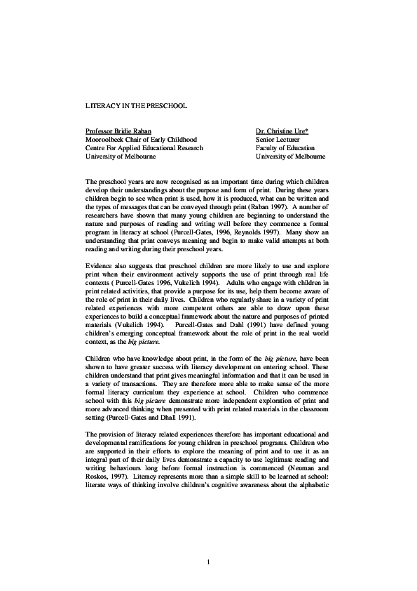 (PDF) Literacy in the Preschool