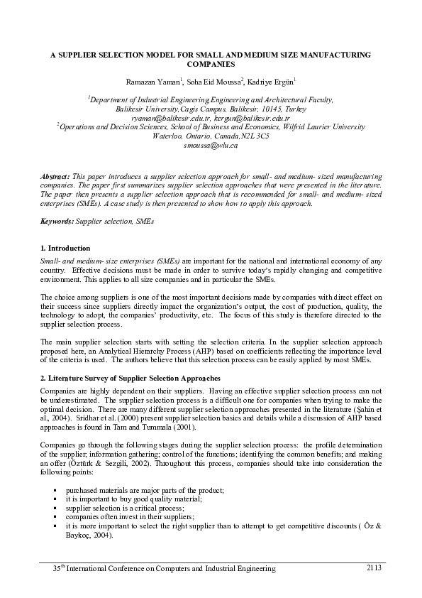 (PDF) A SUPPLIER SELECTION MODEL FOR SMALL AND MEDIUM SIZE ...